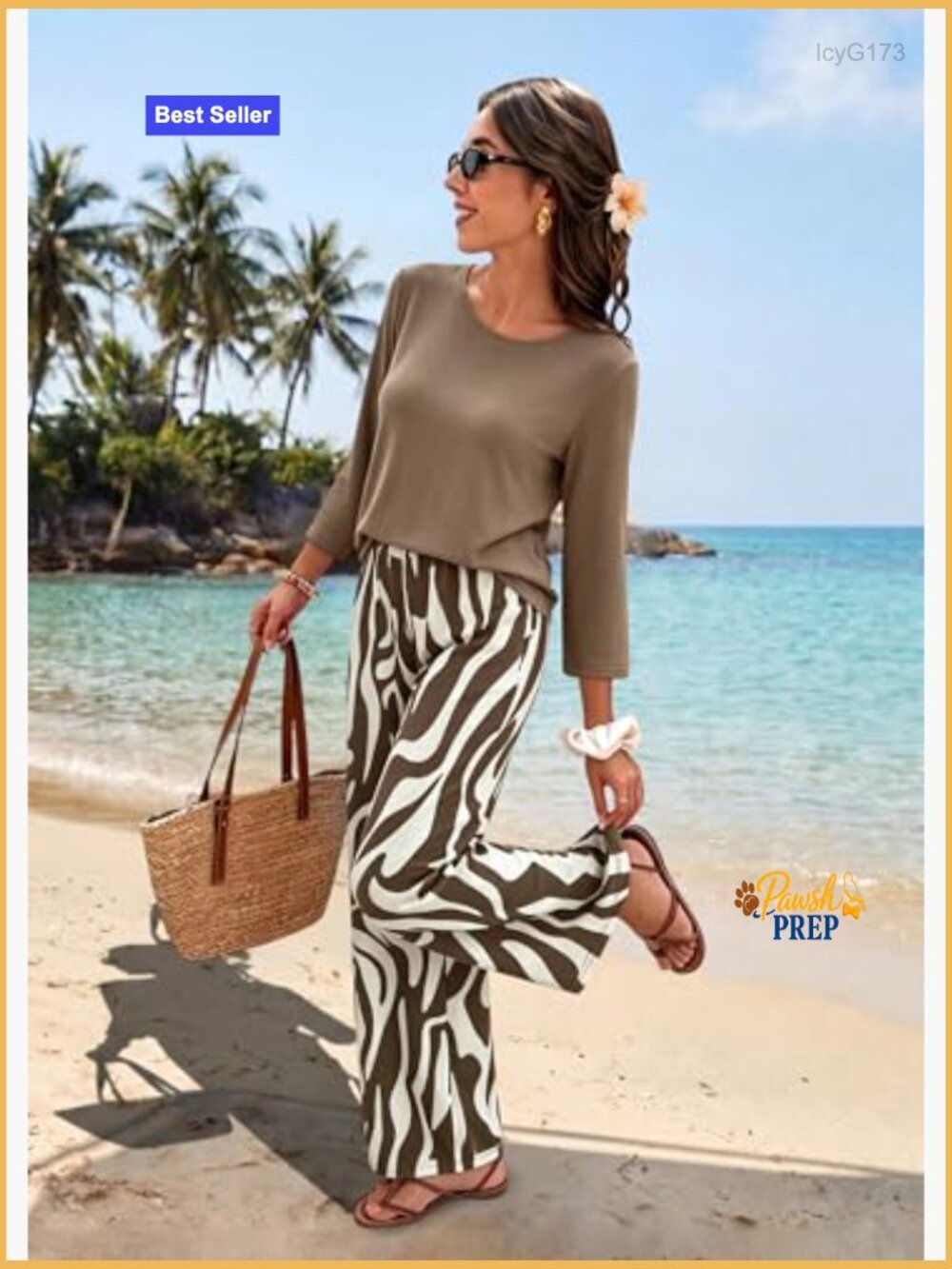 Two Piece Lounge Set with Pockets 3/4 Sleeve Top and Printed Pants - Picture 2 of 7
